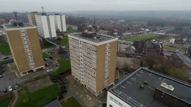 Aerial Footage View Of High Rise Tower Blocks, Flats Built In The City Of Stoke On Trent To Accommodate The Increasing Population, Council Housing Crisis