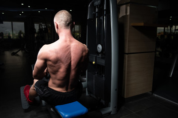 Bodybuilder Exercising Back In Gym