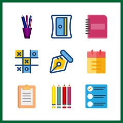 9 pencil icon. Vector illustration pencil set. notepad and tic tac toe icons for pencil works