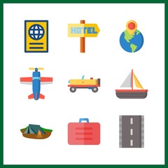 9 trip icon. Vector illustration trip set. destination and maps and flags icons for trip works