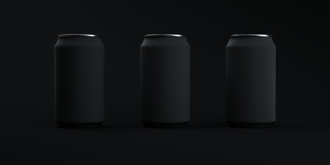 Three black matte soda cans on elegant dark background