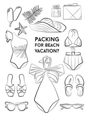  fashion summer Vector set of woman beach accessories swimsuit hand drawn travel objects