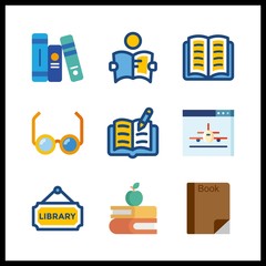 9 read icon. Vector illustration read set. reading glasses and open book icons for read works