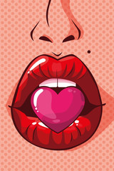 sexy vrouw mond met hart pop-art stijl