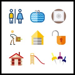 9 door icon. Vector illustration door set. step ladder and toilet icons for door works