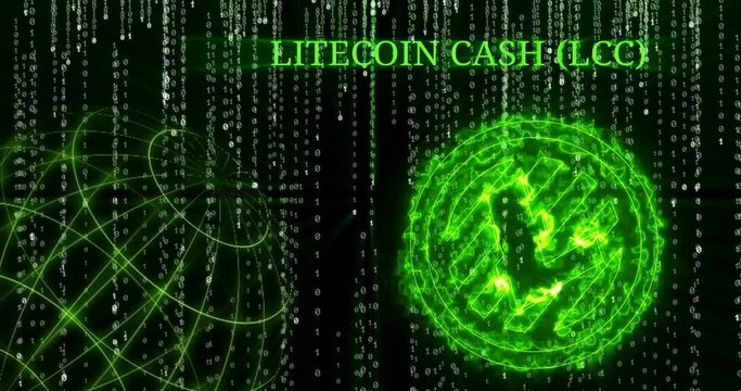 Glowing Litecoin Cash (LCC) symbol against the falling binary code symbols