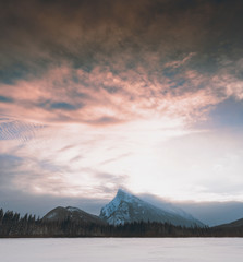 Mt. Rundle and Vermillion Lake in the snow and winter cold scenery Banff National Park,  Canada.