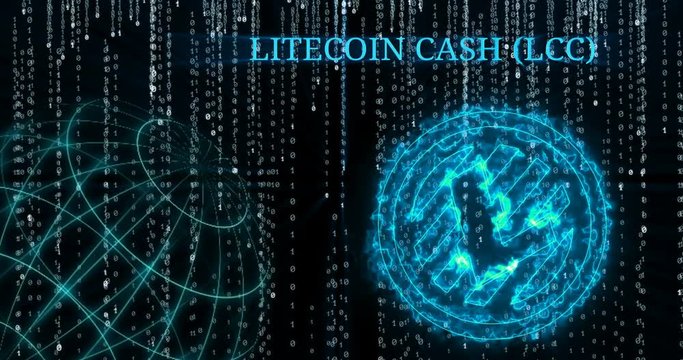 Glowing Litecoin Cash (LCC) symbol against falling binary code symbols