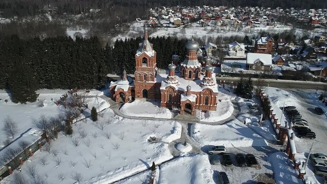 Aerial view video of the Church Exaltation of the Holy cross Church in Darna village, Moscow region, Russia