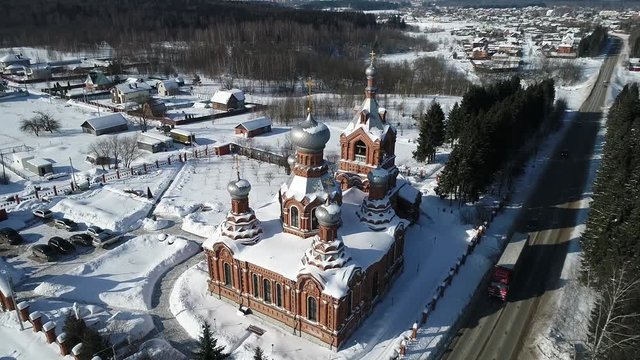 Aerial view video of the Church Exaltation of the Holy cross Church in Darna village, Moscow region, Russia