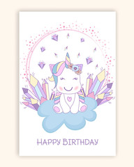 Beautiful unicorn on clouds with stars illustration, vector.