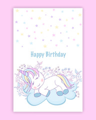 Beautiful unicorn on clouds with stars illustration, vector.