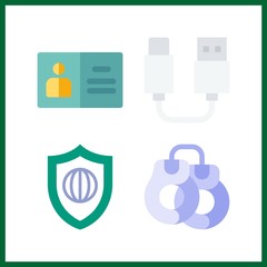 4 security icon. Vector illustration security set. handcuffs and usb icons for security works