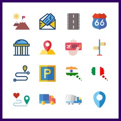 16 destination icon. Vector illustration destination set. maps and flags and trucks icons for destination works
