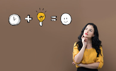 Time plus idea equals happy with young businesswoman on a brown background