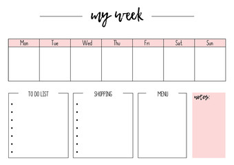 Cute vector weekly planner A4, page for notebook, diary, organiser, book.