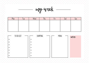 Cute vector weekly planner A4, page for notebook, diary, organiser, book.