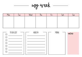 Cute vector weekly planner A4, page for notebook, diary, organiser, book.
