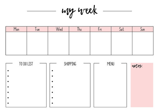Cute vector weekly planner A4, page for notebook, diary, organiser, book.