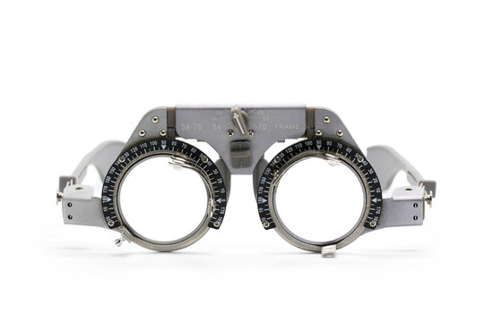 Image of trial frame used in a eye on white background. Glasses