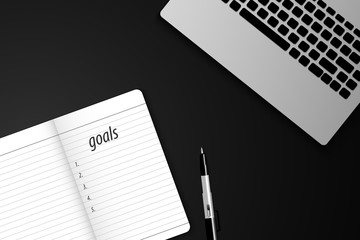 Top view goals list with notebook and laptops. vector illustration