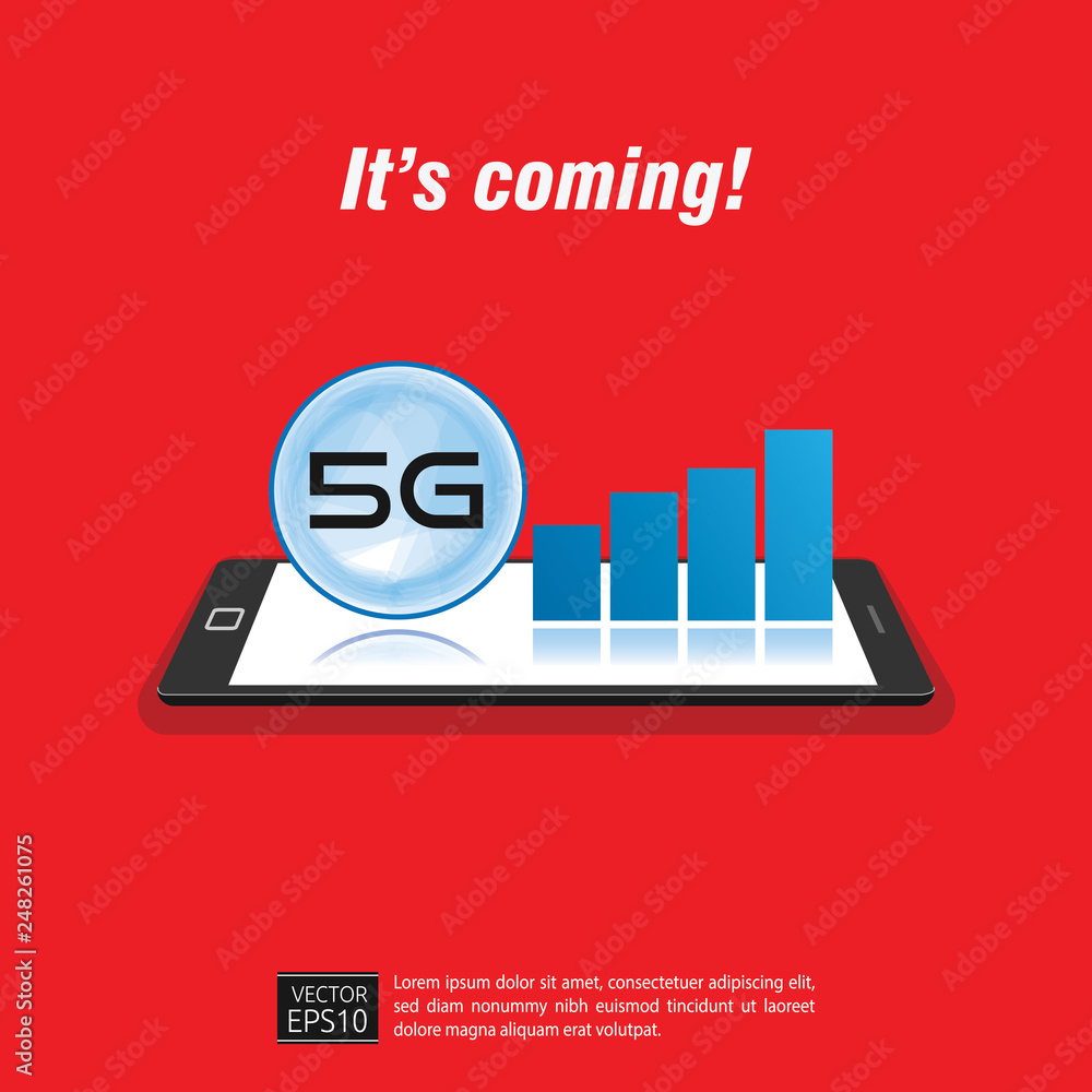 Poster latest technology wireless concept with network icon. smartphone with a 5g symbol and signal reflect