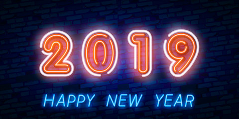 Fototapeta na wymiar 2019 New Year Concept with Colorful Neon Lights. Retro Design Elements for Presentations, Flyers, Leaflets, Posters or Postcards. Vector Illustration