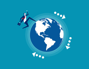 Businessman running on the planet. Concept business vector, World business.
