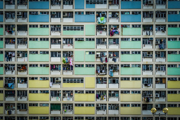 Colored facade close up of building in Hong Kong