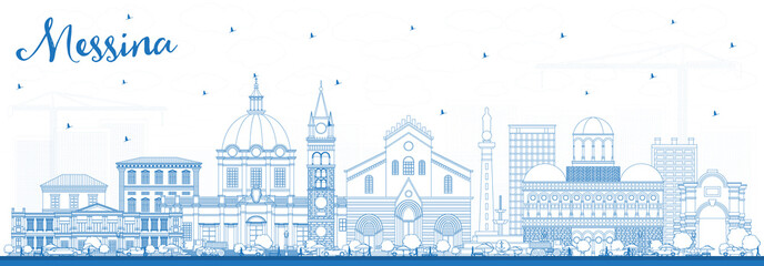 Outline Messina Sicily Italy City Skyline with Blue Buildings.