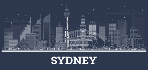 Outline Sydney Australia Skyline with White Buildings.