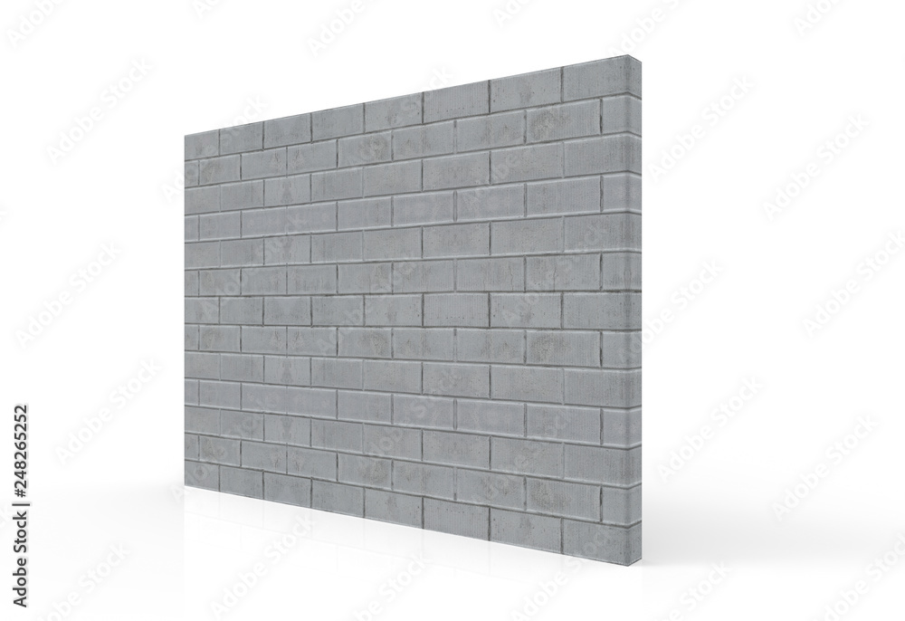 Poster 3d rendering. perspective view of textured cement brick stack wall with clipping path on gray backgr