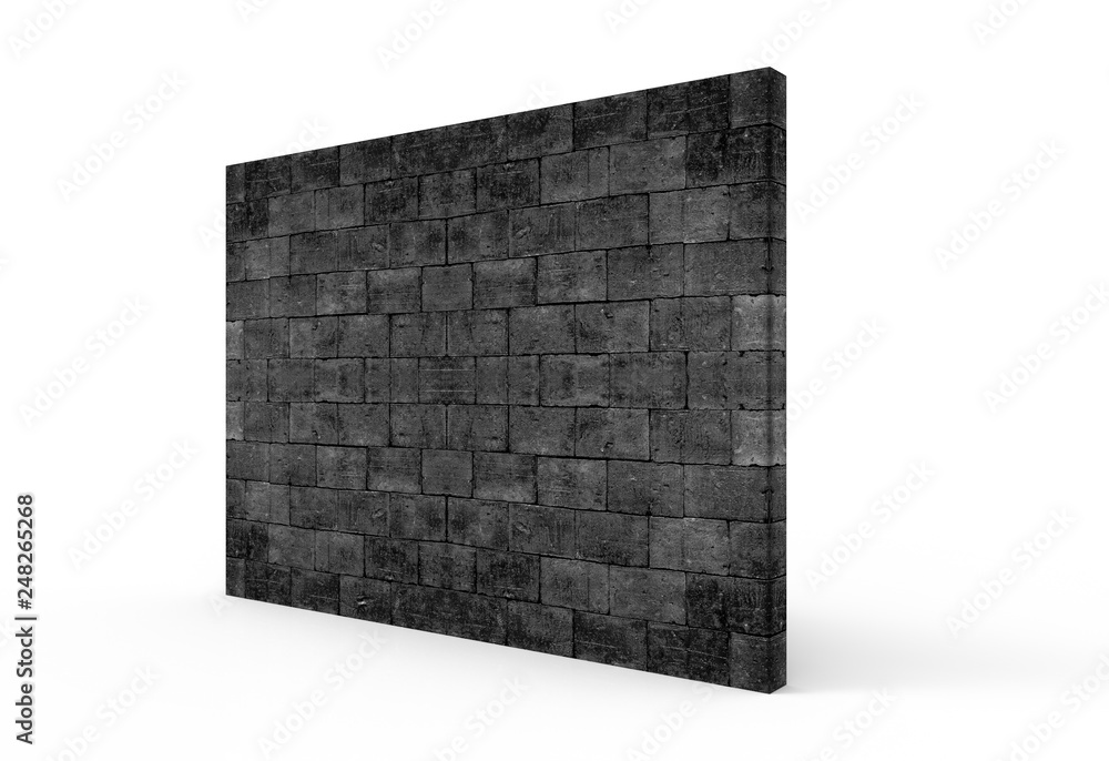 Poster 3d rendering. perspective view of textured dark brick block wall with clipping path on gray backgrou