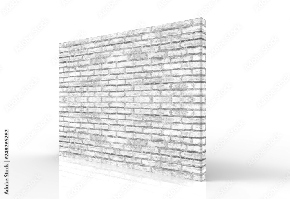 Poster 3d rendering. perspective view of textured dirty white brick block wall with clipping path on gray b