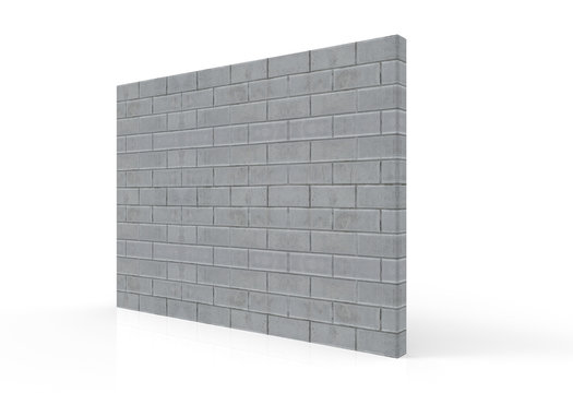 3d rendering. perspective view of textured cement brick stack wall with clipping path on gray background.