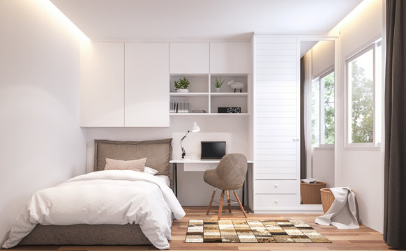 Teenage bedroom 3d render,There are wooden floor and  white wall.Furnished with brown bed and white cabinet.There are white frame window overlooks to nature view.