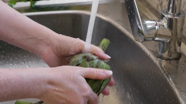 Woman washing artichokes in stainless steel sink with metal faucet. Cooking artichokes at modern kitchen