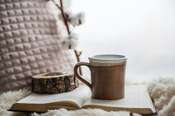 Details of still life in the home interior. Beautiful tea Cup, cut wood, book and pillows, cotton flower on a windowsill. Vintage, rustic. Cosy autumn-winter concept. Copy space