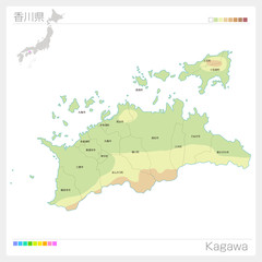 香川県の地図（等高線・色分け・市町村・区分け）