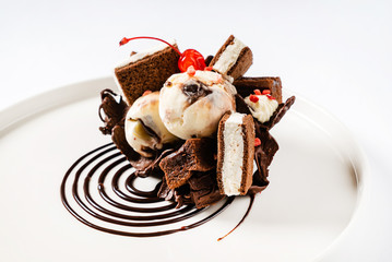 creative dessert with ice cream and brownie