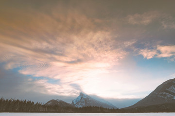 Mt. Rundle and Vermillion Lake in the snow and winter cold scenery Banff National Park,  Canada.