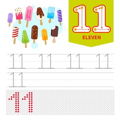 Kids learning material. Card for learning numbers. Number 11. Cartoon  cute ice-cream..