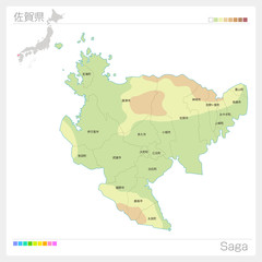 佐賀県の地図（等高線・色分け・市町村・区分け）