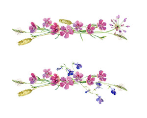 Horizontal frame bouquet of carnations and wild flowers on a white background. For greetings and invitations