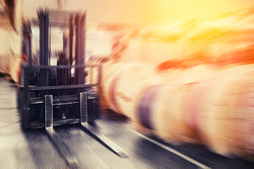 Warehouse industrial premises for storing materials and wood, forklift containers. Concept...