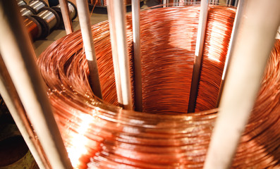 Production of copper wire, bronze cable in reels at factory