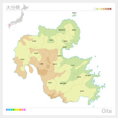 Fototapeta na wymiar 大分県の地図（等高線・色分け・市町村・区分け）