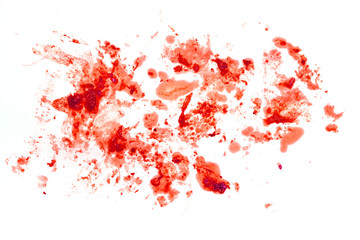 Blood splatter or stain   isolated on white background for abstract fun wall decoration, top view -...