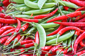 Red peppers and green peas fresh from the garden.