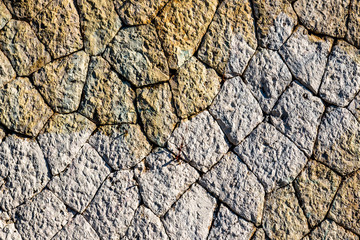 Cobblestones pattern viewed from above as a full frame texture, background.